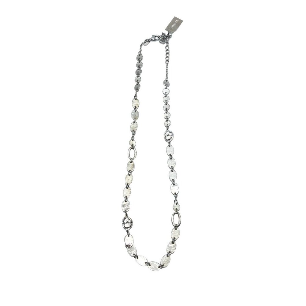 Chicos Silver-Tone Metal Long Chain Necklace With Textured Oval Links